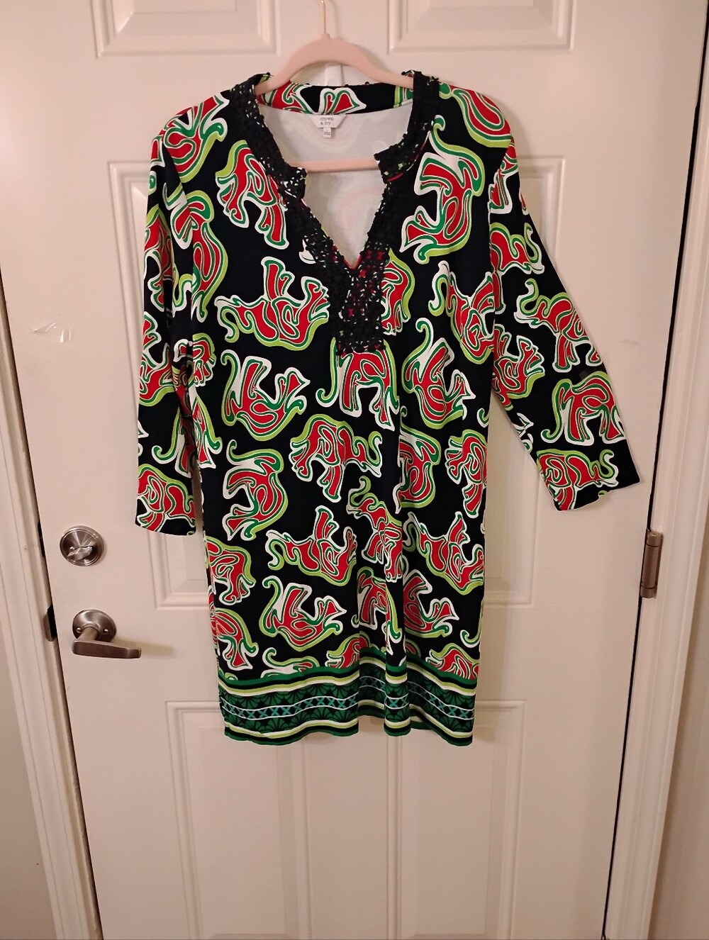 Crown And Ivey Black Dress with Red and Green Abstract Swirl Print